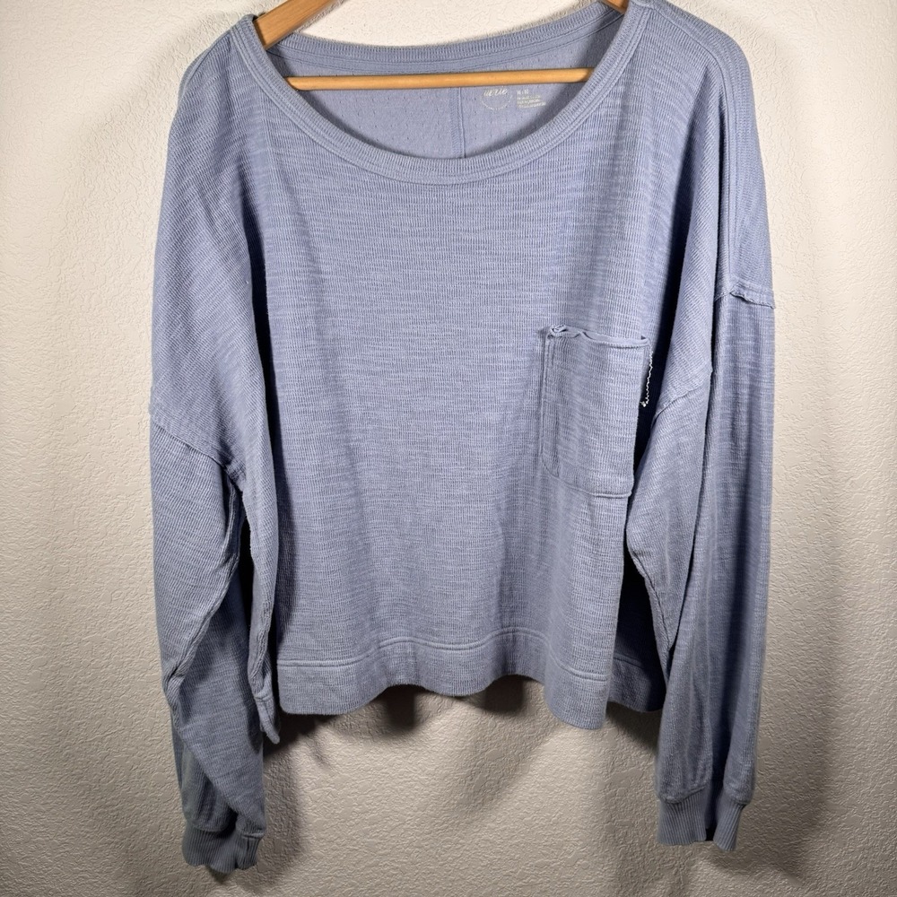 Aerie Waffle Knit Long Sleeve Top Womens Blue Oversized Pocket | XL‎